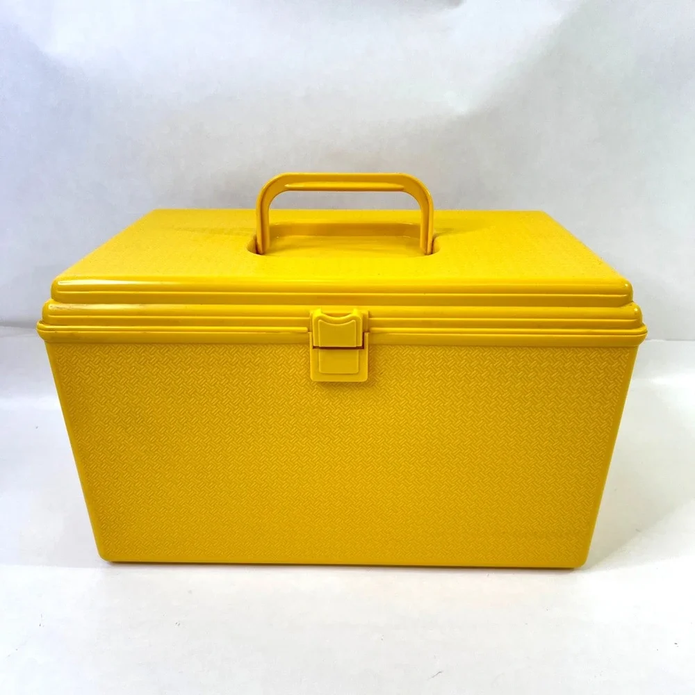 Vintage Hard Yellow Plastic Wilson Wil-Hold  Retro Sewing Box w Tray 14x9x8
